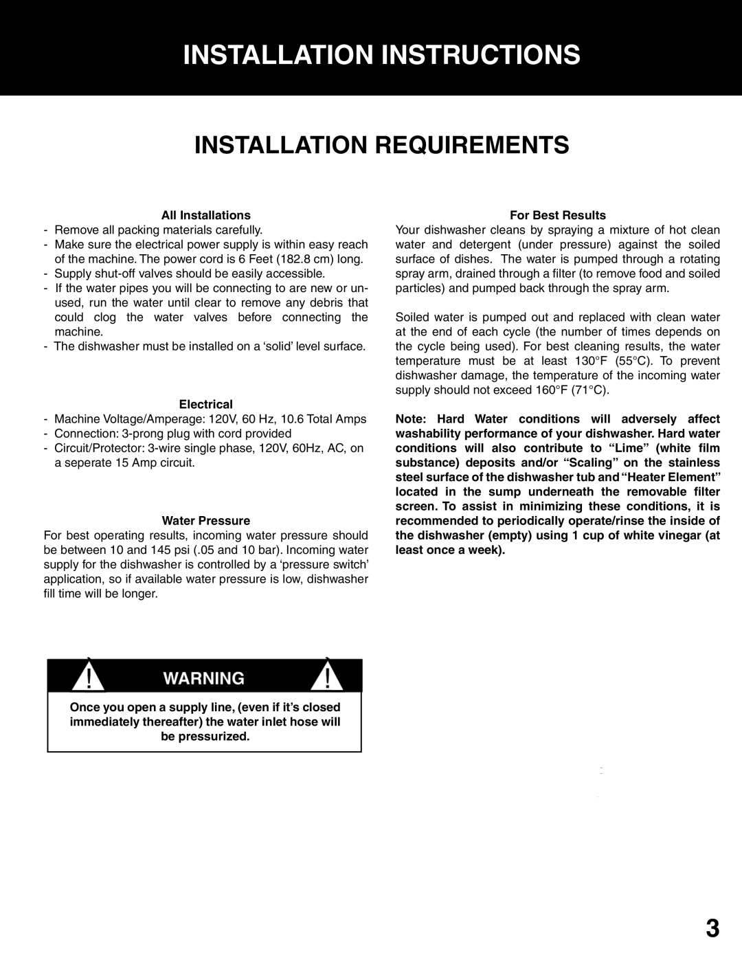 Westland Sales DWV303B manual Installation Instructions, Installation Requirements 