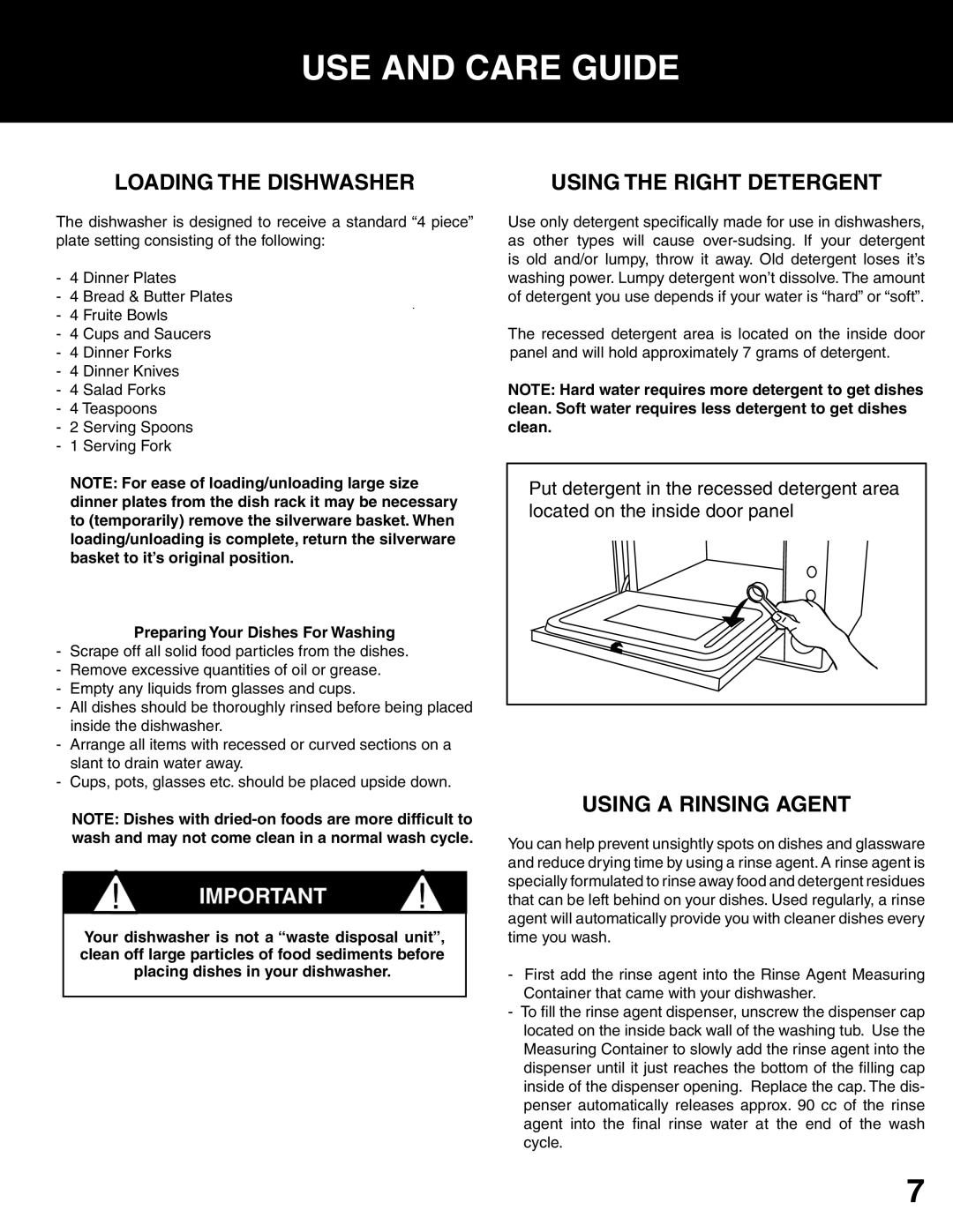 Westland Sales DWV303B manual USE and Care Guide, Loading the Dishwasher, Using the Right Detergent, Using a Rinsing Agent 