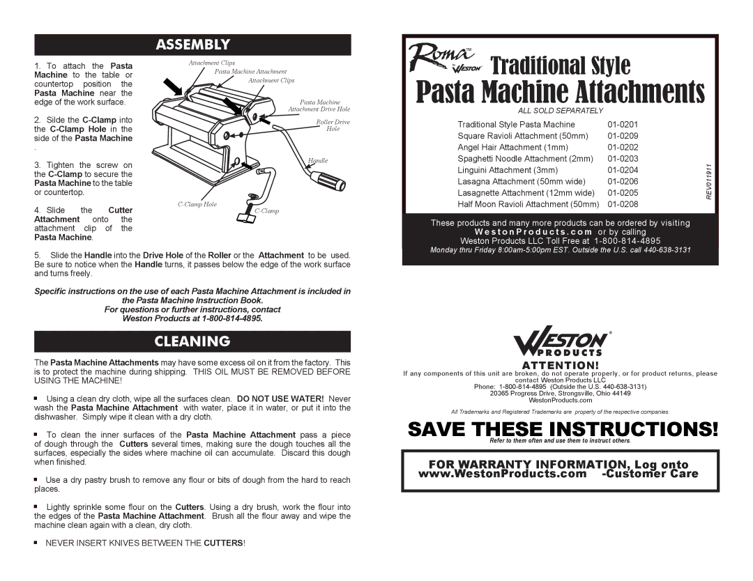 Weston 01-0206 warranty Pasta Machine Attachments, Assembly, Cleaning, S t o n P r o d u c t s . c o m or by calling 