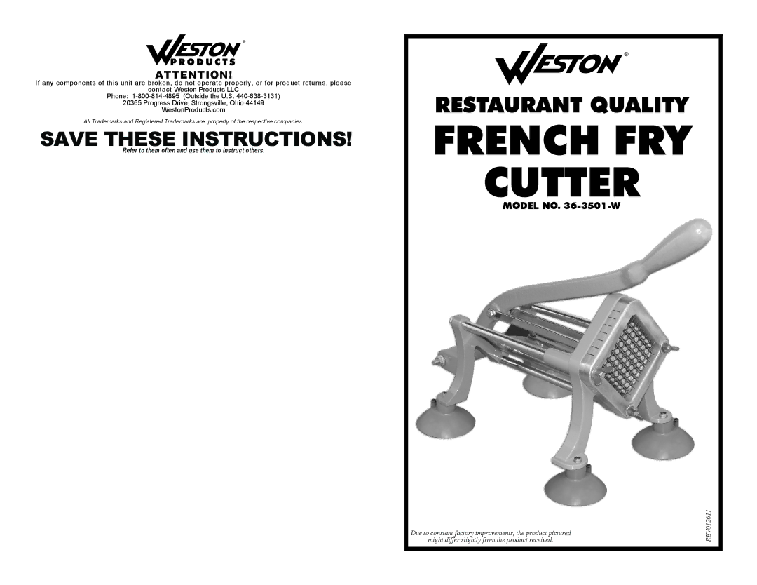 Weston 36-3501-W manual French FRY Cutter 