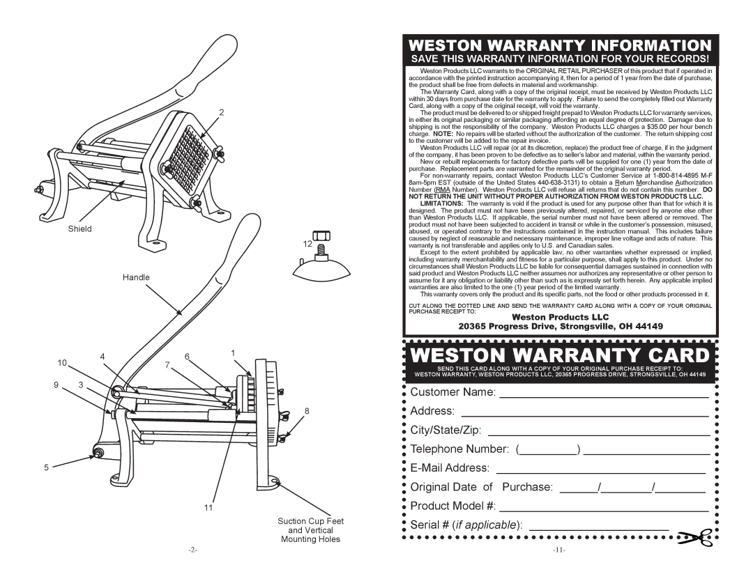 Weston 36-3501-W manual Weston Warranty Information, Progress Drive, Strongsville, OH 