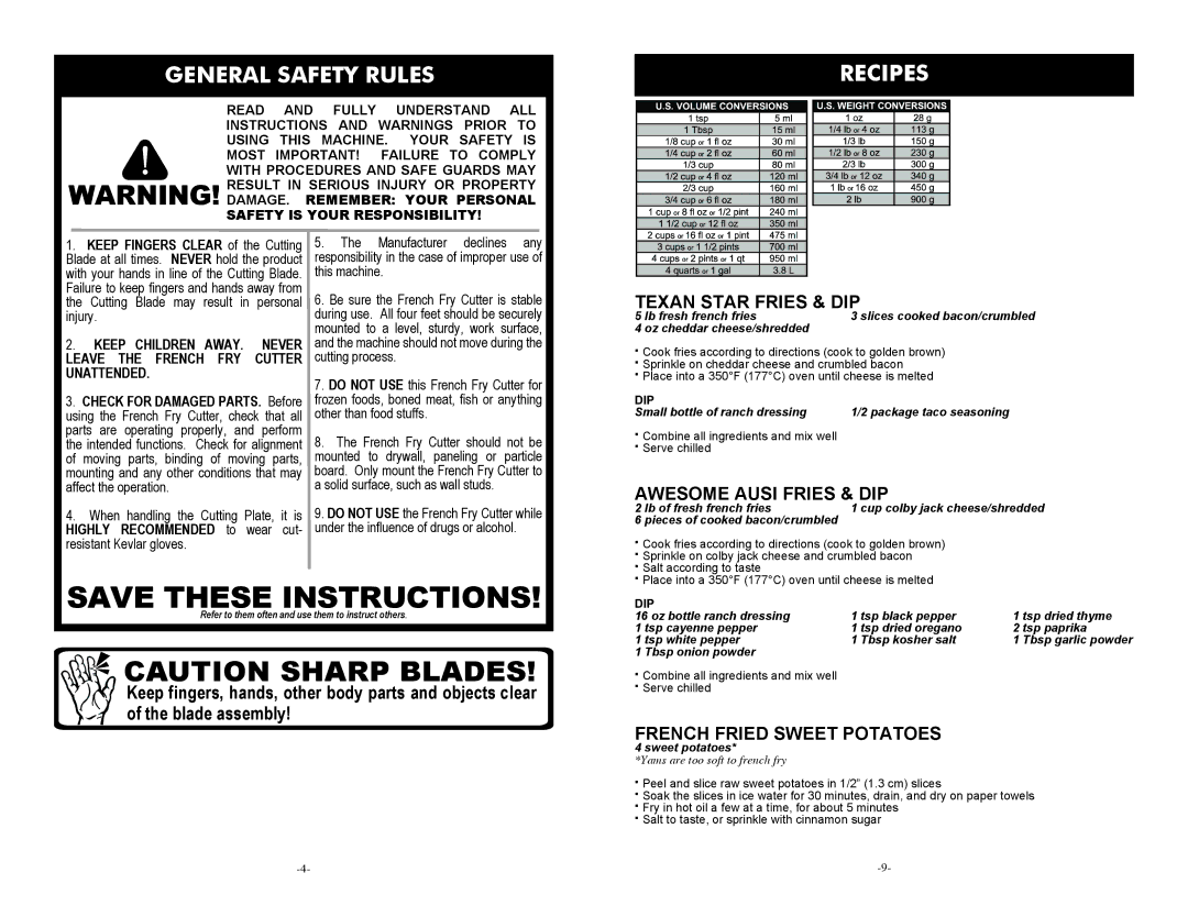 Weston 36-3501-W manual General Safety Rules, Recipes 