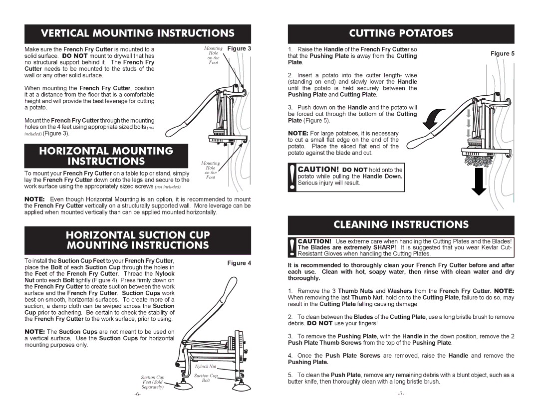 Weston 36-3501-W manual Vertical Mounting Instructions Cutting Potatoes, Horizontal Mounting Instructions, Plate 