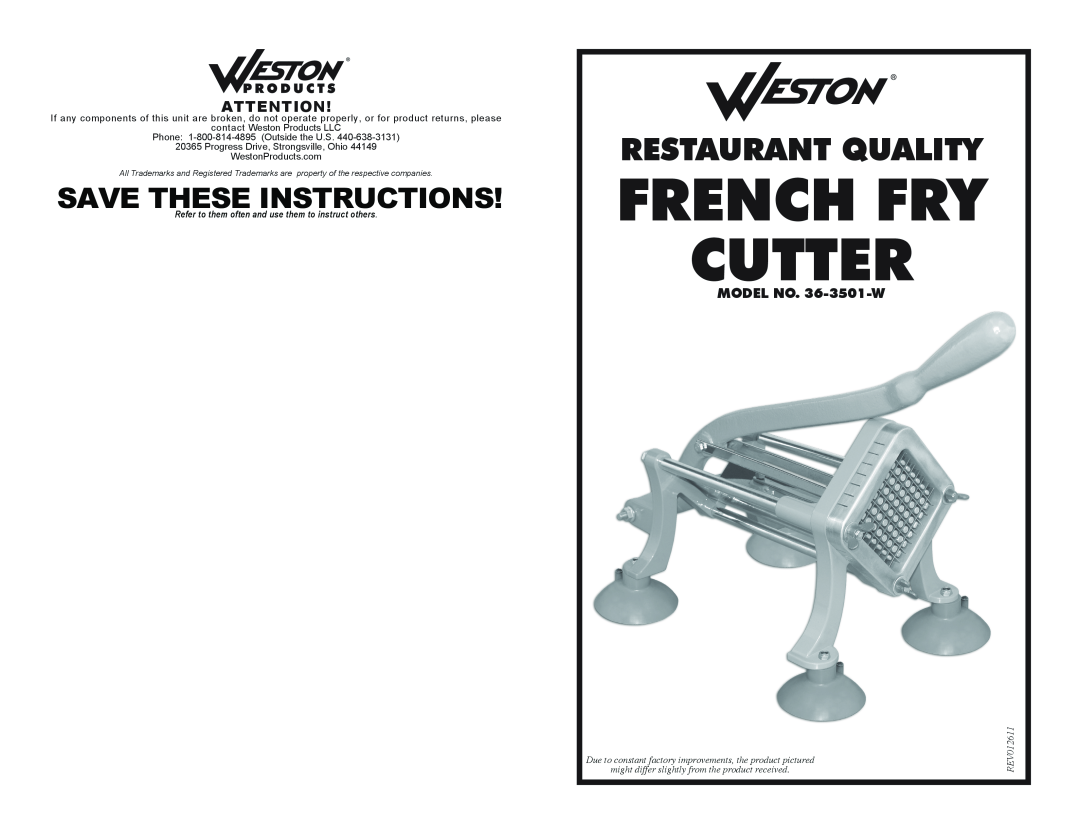 Weston manual MODEL NO. 36-3501-W, French Fry Cutter, Restaurant Quality, Save These Instructions, REV012611 