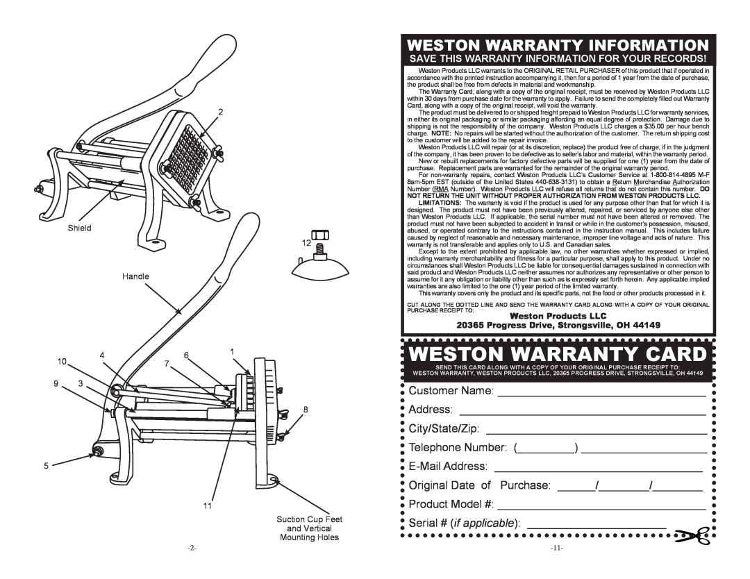 Weston 36-3501-W manual Progress Drive, Strongsville, OH, Weston Warranty Card, Weston Warranty Information 