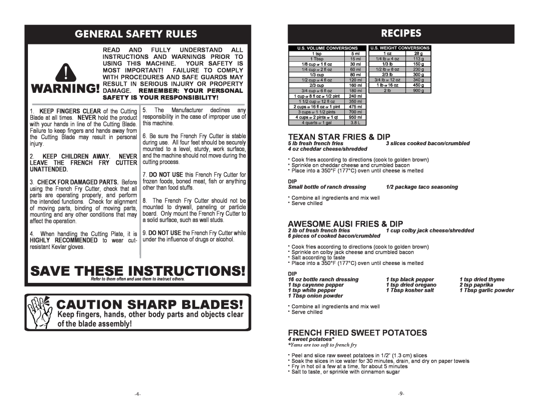 Weston 36-3501-W manual General Safety Rules, Recipes, Keep Children Away. Never Leave The French Fry Cutter Unattended 