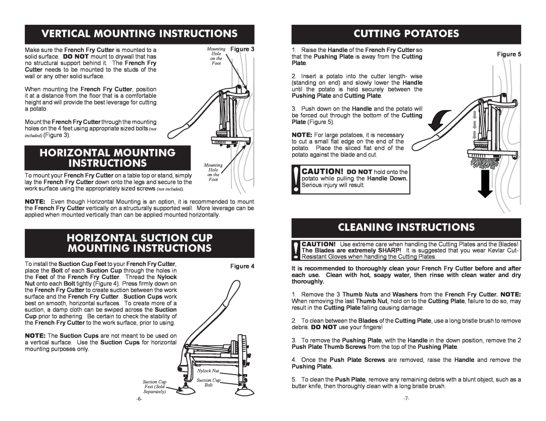 Weston 36-3501-W Vertical Mounting Instructions, Cutting Potatoes, Horizontal Mounting Instructions, Cleaning Instructions 