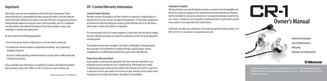 Westone Laboratories owner manual CR-1 Limited Warranty Information, Be sure to observe the following guidelines 