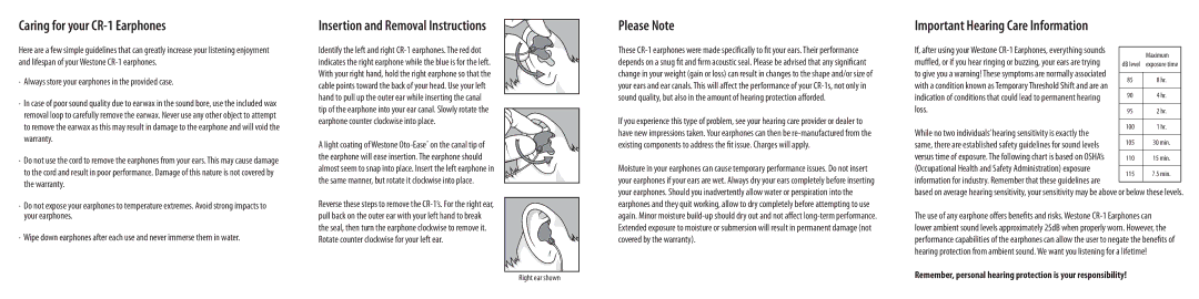 Westone Laboratories CR-1 · Always store your earphones in the provided case, Warranty, Your earphones, Right ear shown 