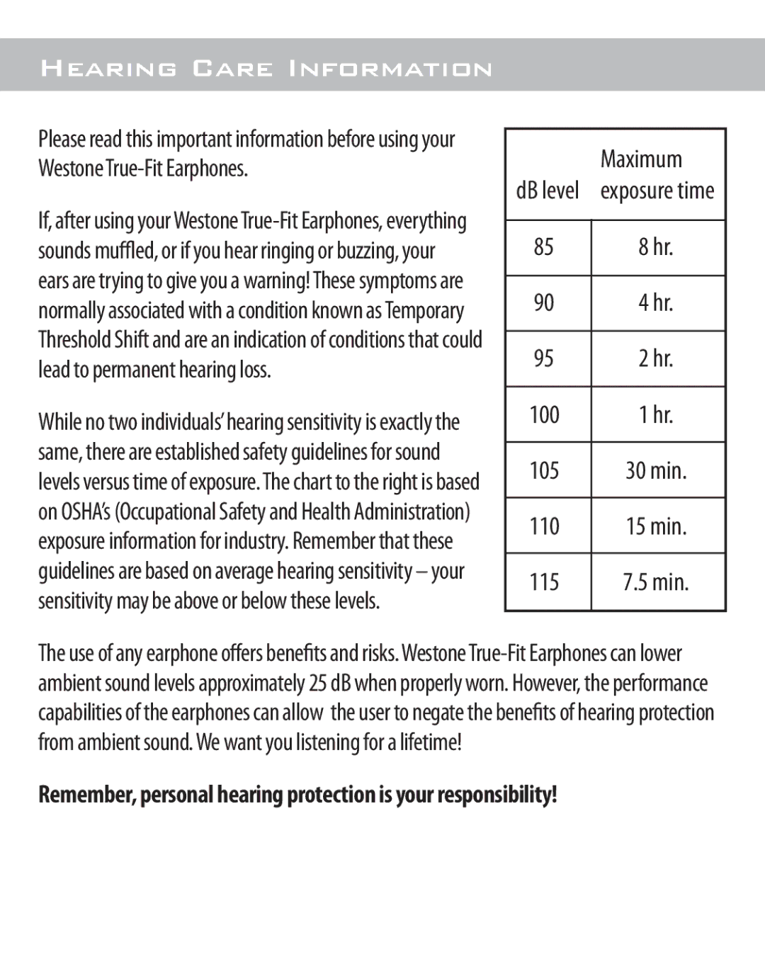 Westone Laboratories Westone 4, WESTONE3 warranty Hearing Care Information, Maximum 