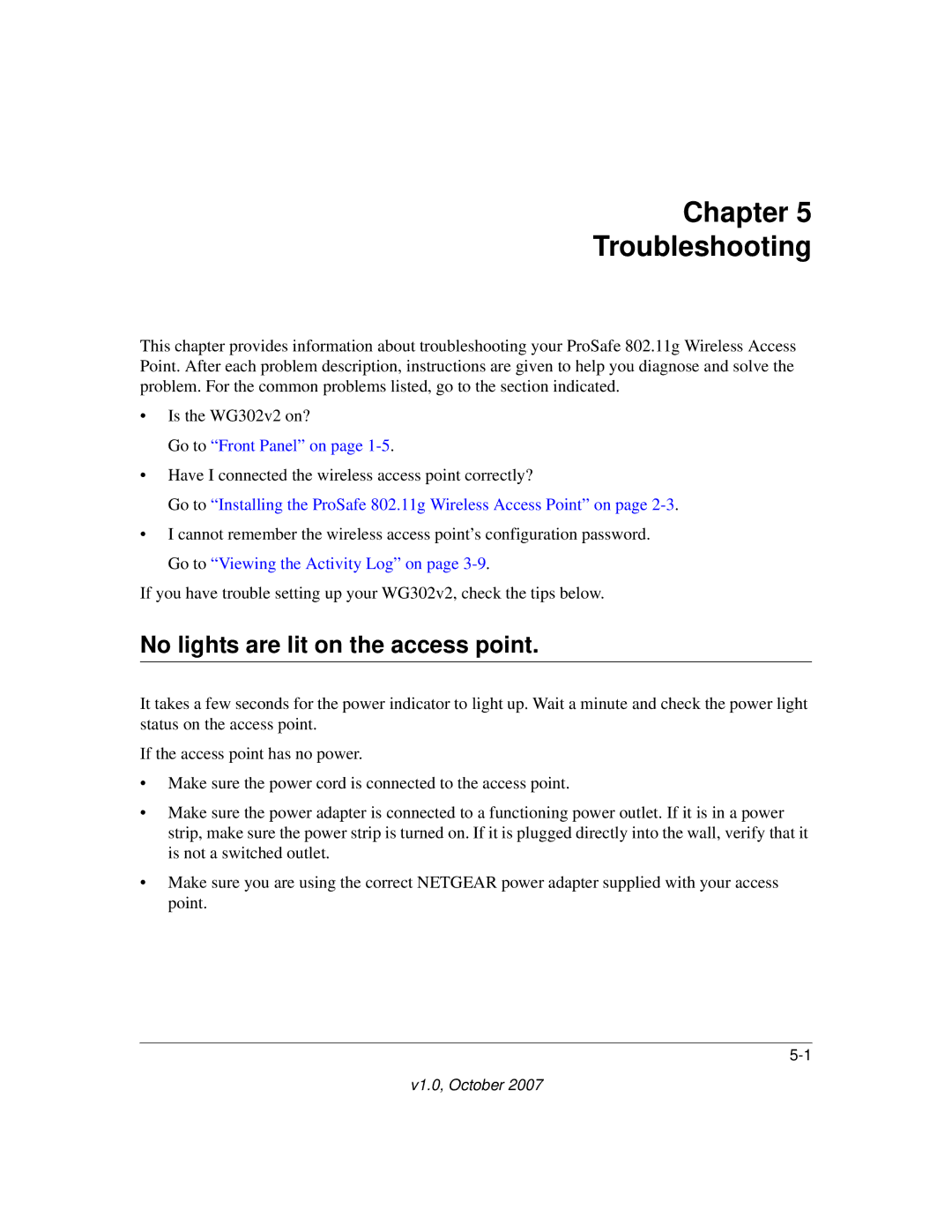 WGC WG302V2 manual Chapter Troubleshooting, No lights are lit on the access point 