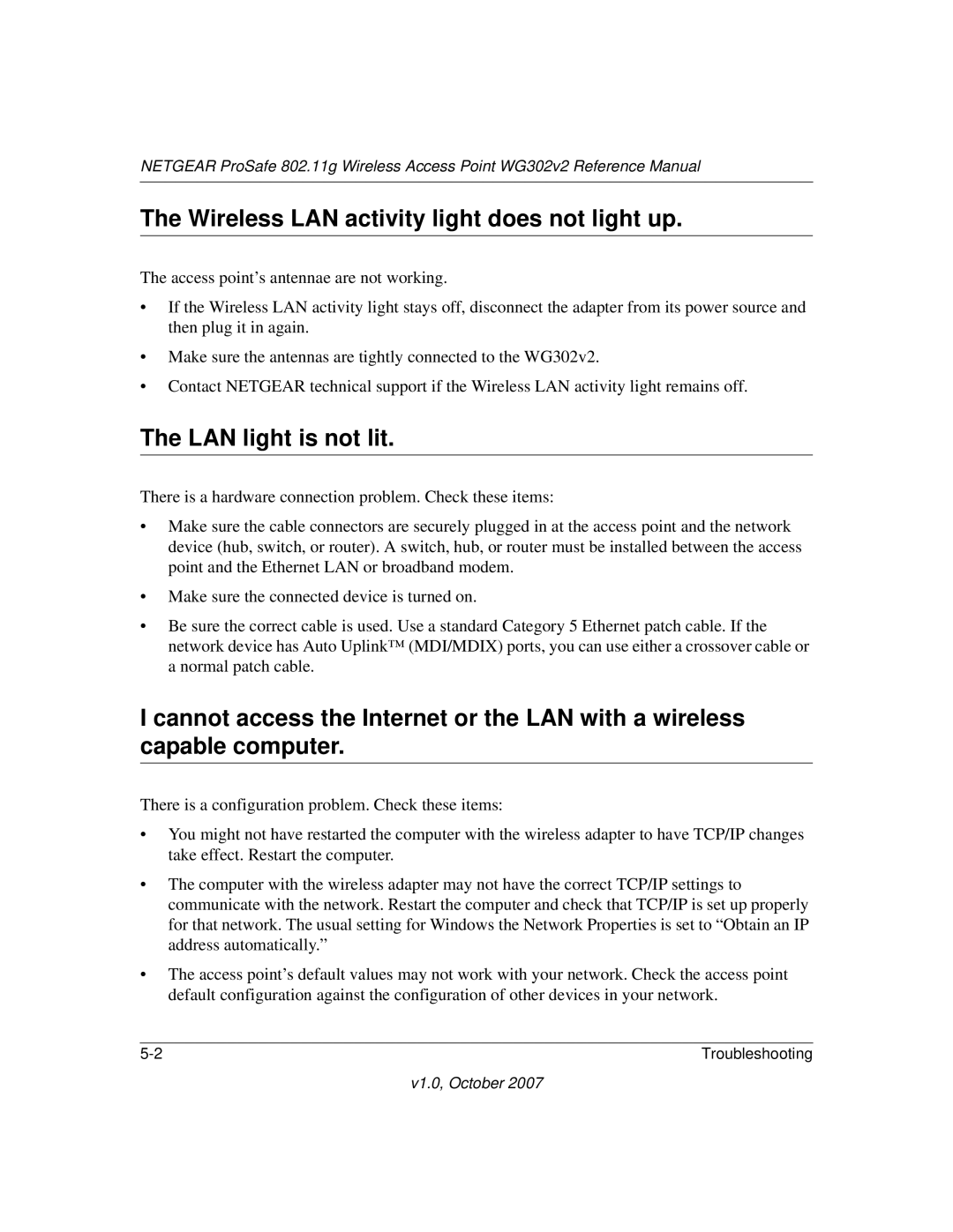 WGC WG302V2 manual Wireless LAN activity light does not light up, LAN light is not lit 