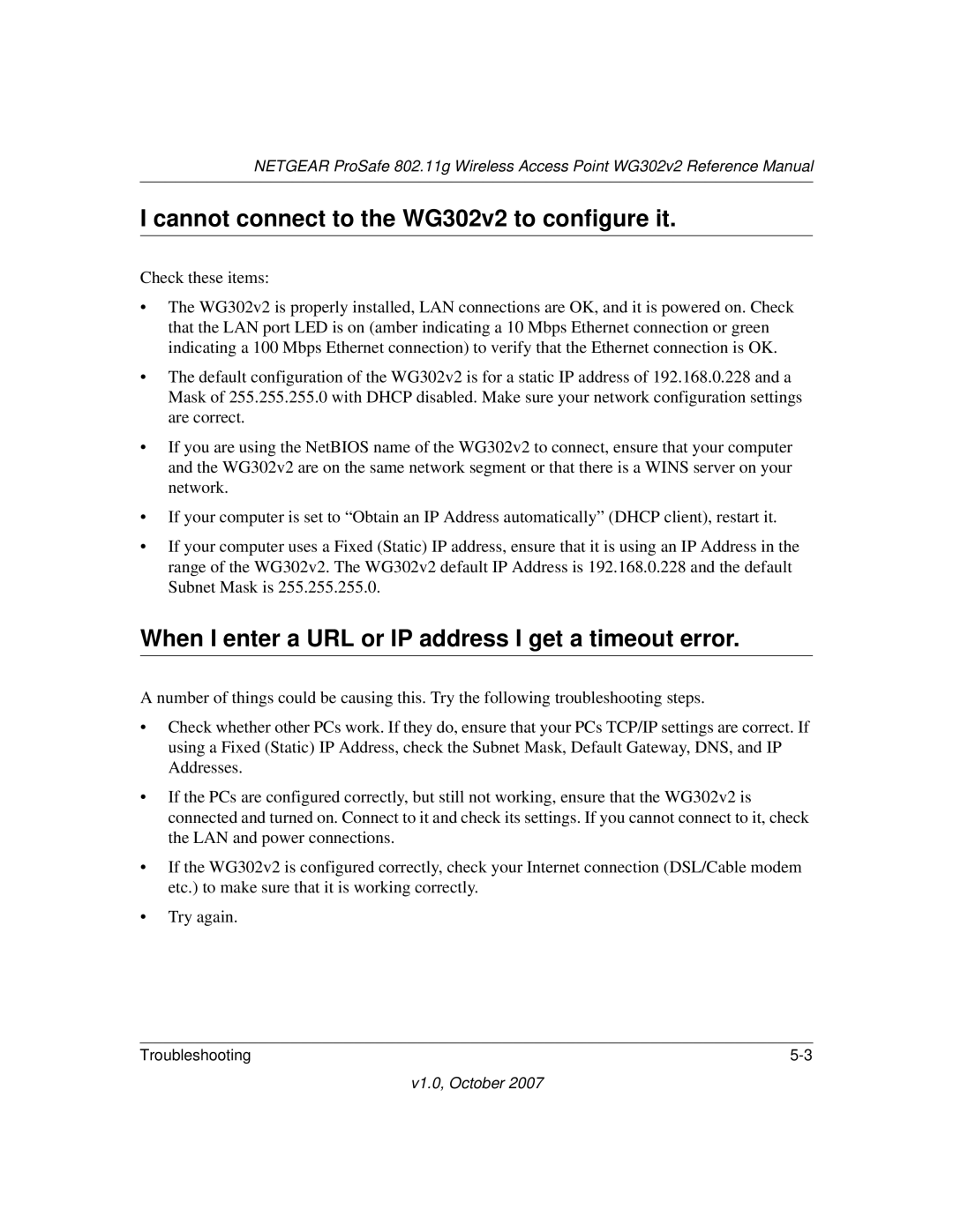 WGC WG302V2 manual Cannot connect to the WG302v2 to configure it, When I enter a URL or IP address I get a timeout error 