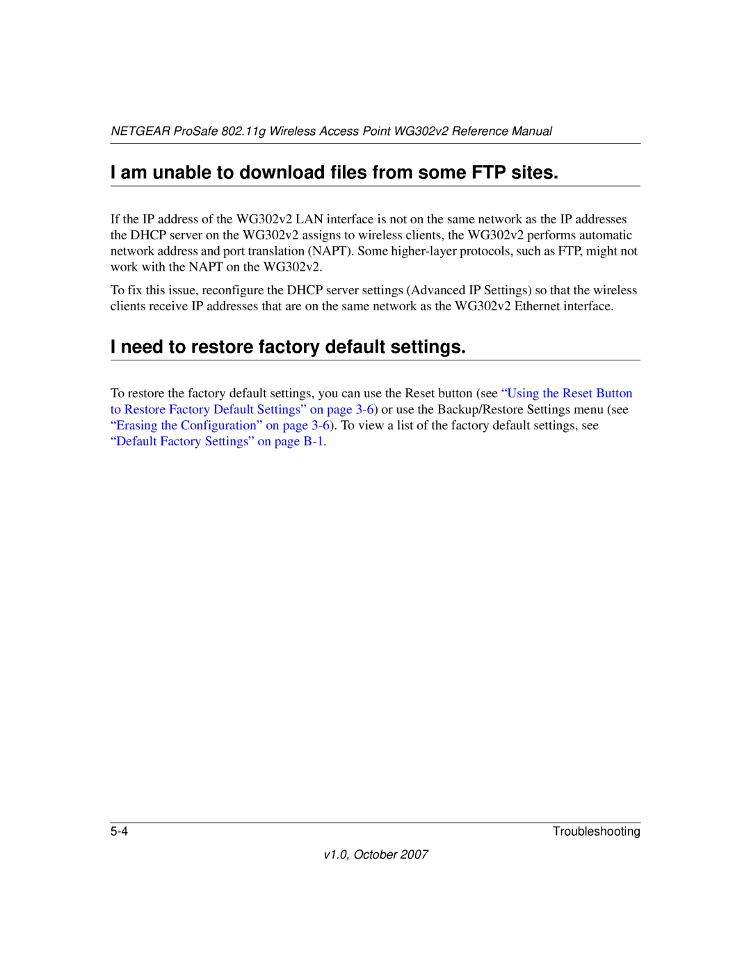 WGC WG302V2 manual Am unable to download files from some FTP sites, Need to restore factory default settings 