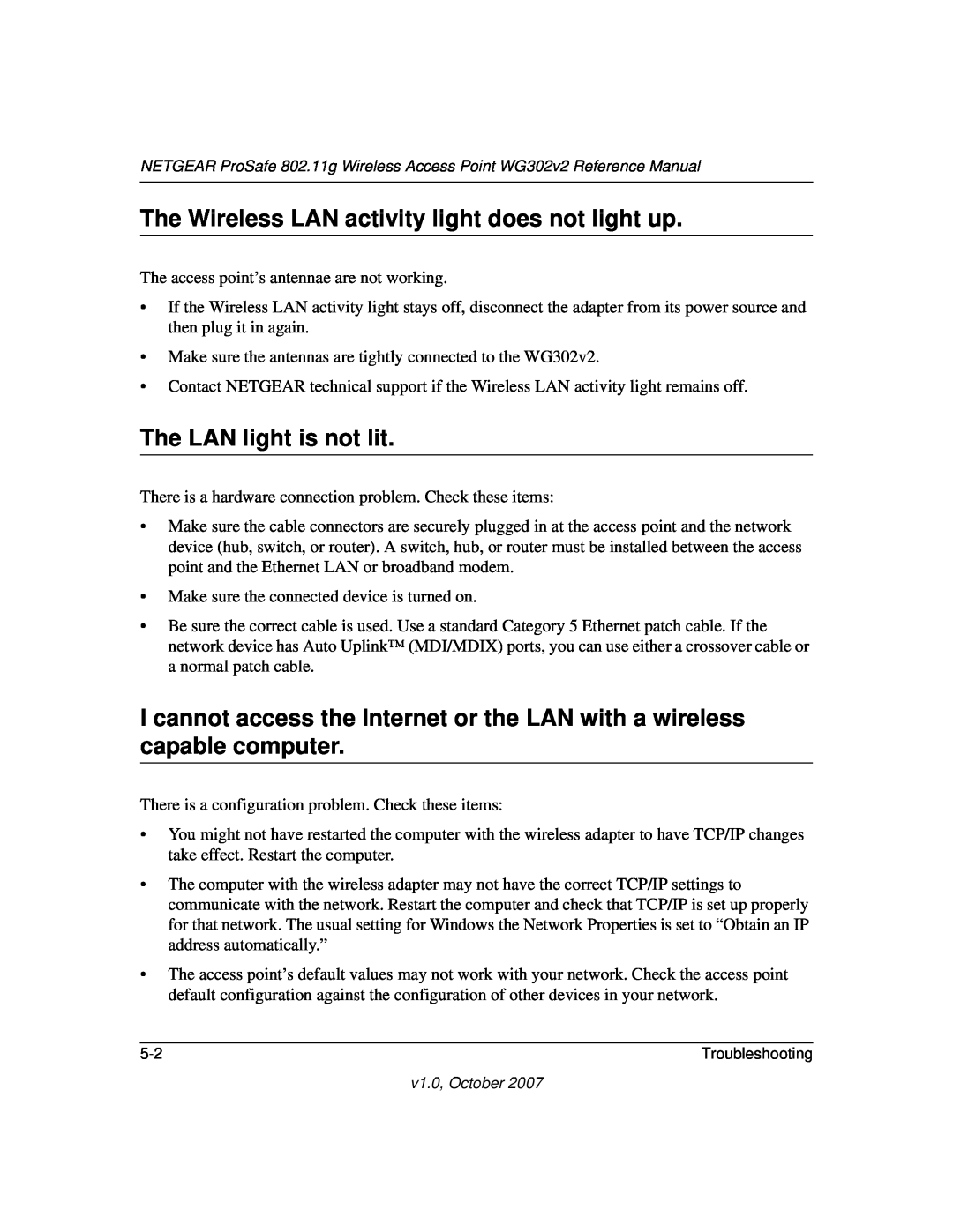 WGC WG302V2 manual The Wireless LAN activity light does not light up, The LAN light is not lit 