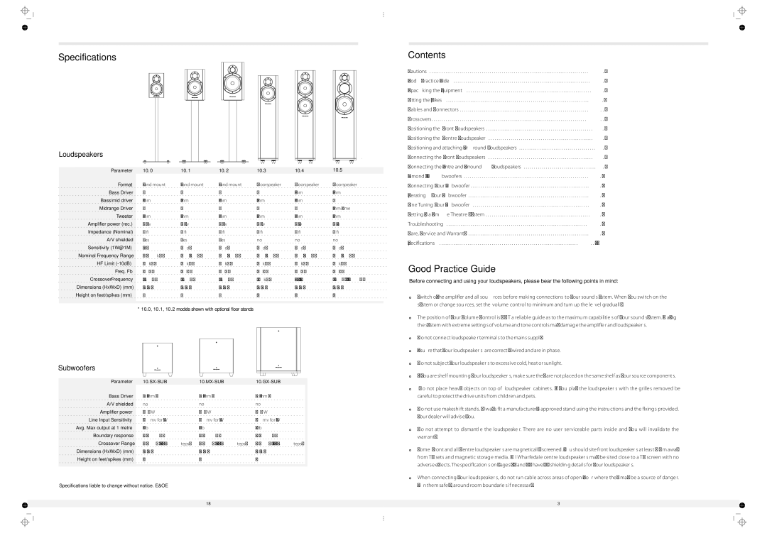 Wharfedale 10.5, 10.2, 10.7, 10.4, 10.3, 10.1, 10.6 manual Specifications, Contents, Good Practice Guide 