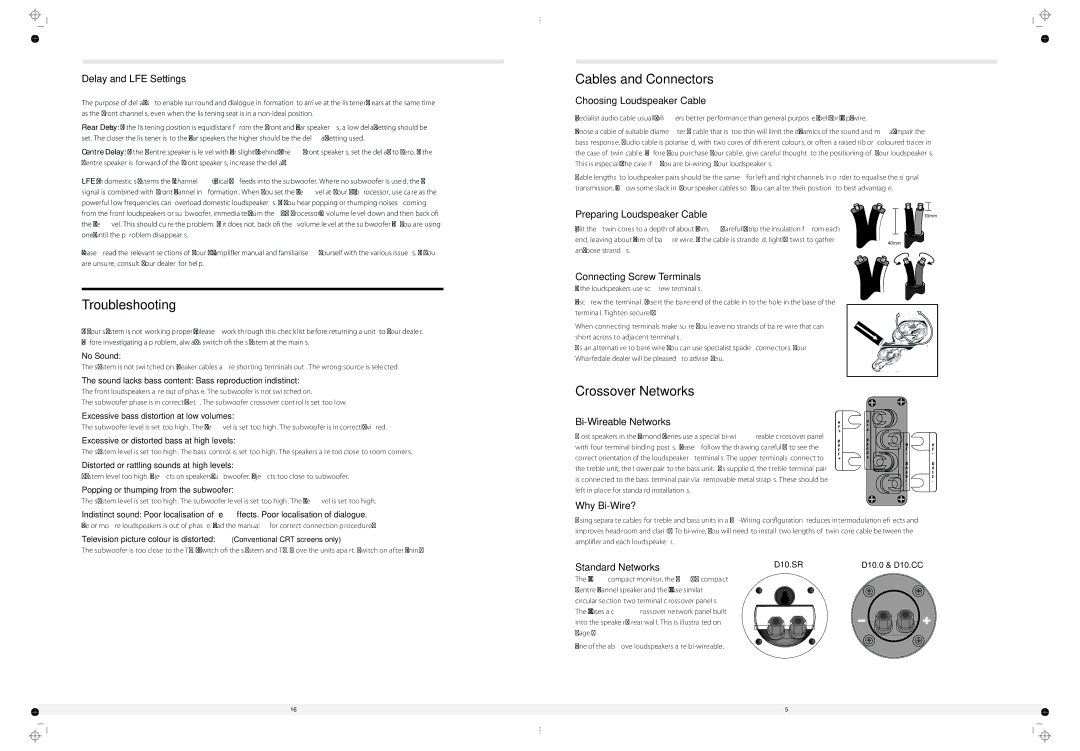 Wharfedale 10.3, 10.2, 10.7, 10.5, 10.4, 10.1 Troubleshooting, Cables and Connectors, Crossover Networks, Standard Networks 