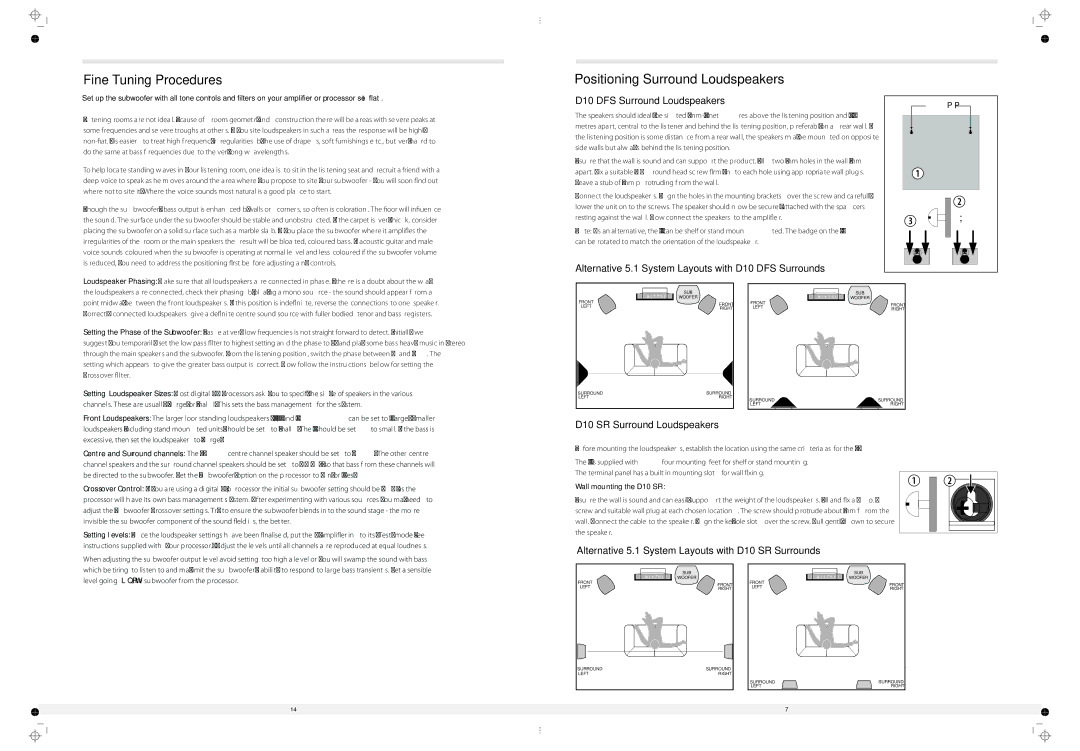 Wharfedale 10.6, 10.2, 10.7, 10.5 Fine Tuning Procedures, Positioning Surround Loudspeakers, D10 DFS Surround Loudspeakers 