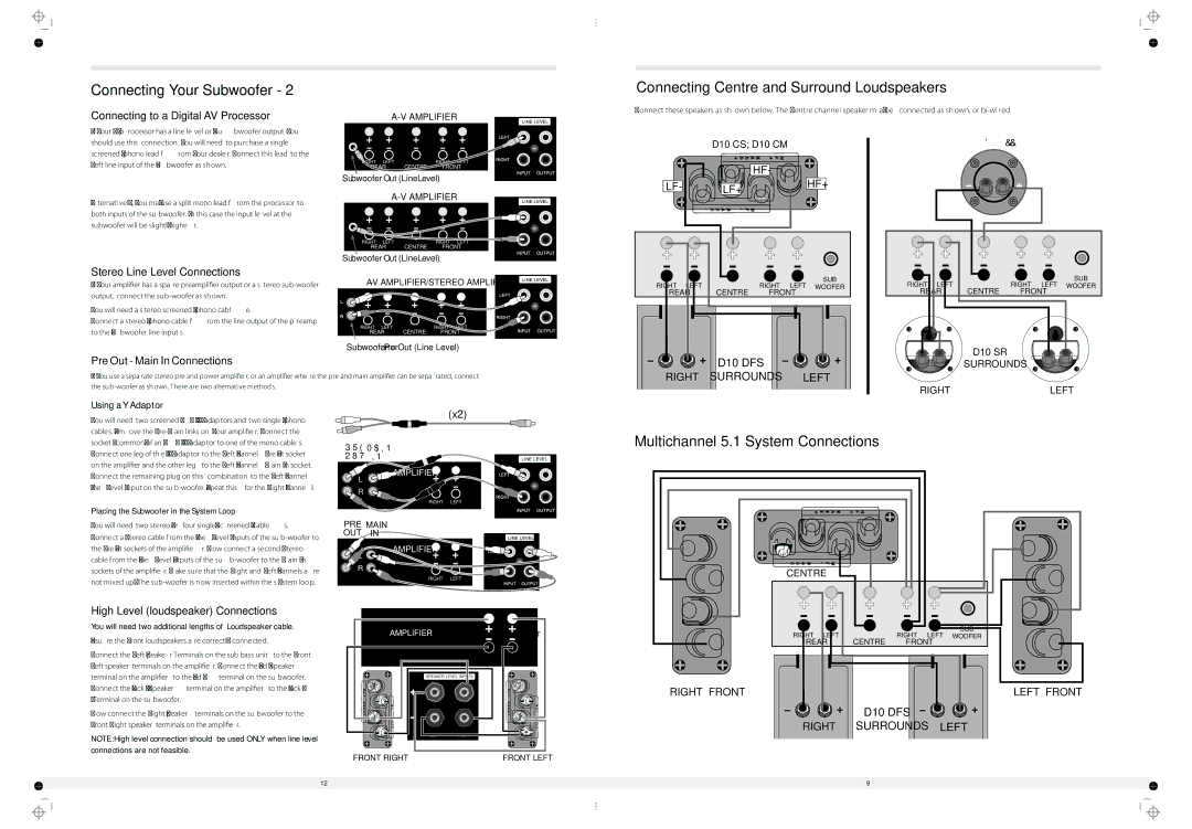 Wharfedale 10 Connecting Your Subwoofer, Connecting Centre and Surround Loudspeakers, Multichannel 5.1 System Connections 