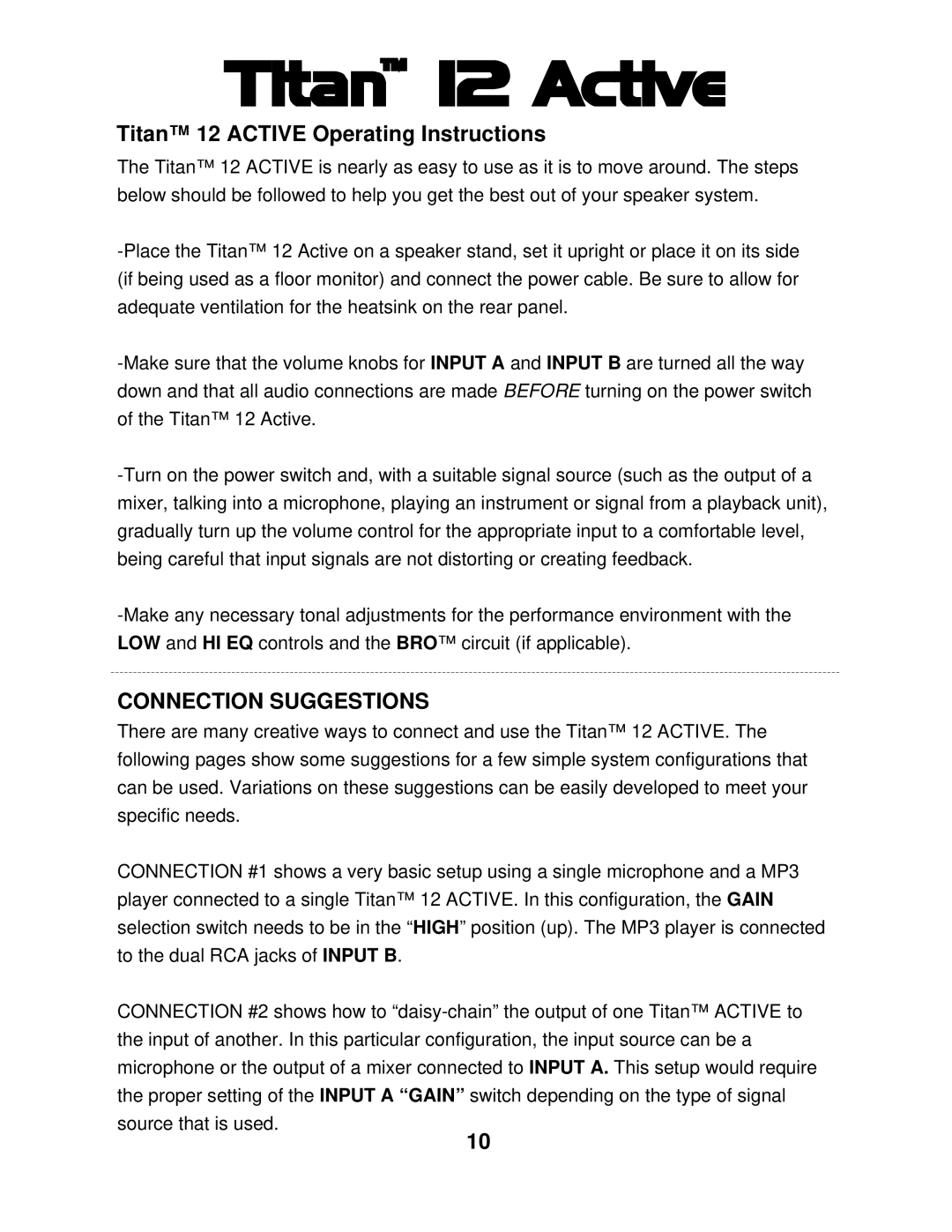 Wharfedale 12 ACTIVE manual Titan 12 Active Operating Instructions, Connection Suggestions 