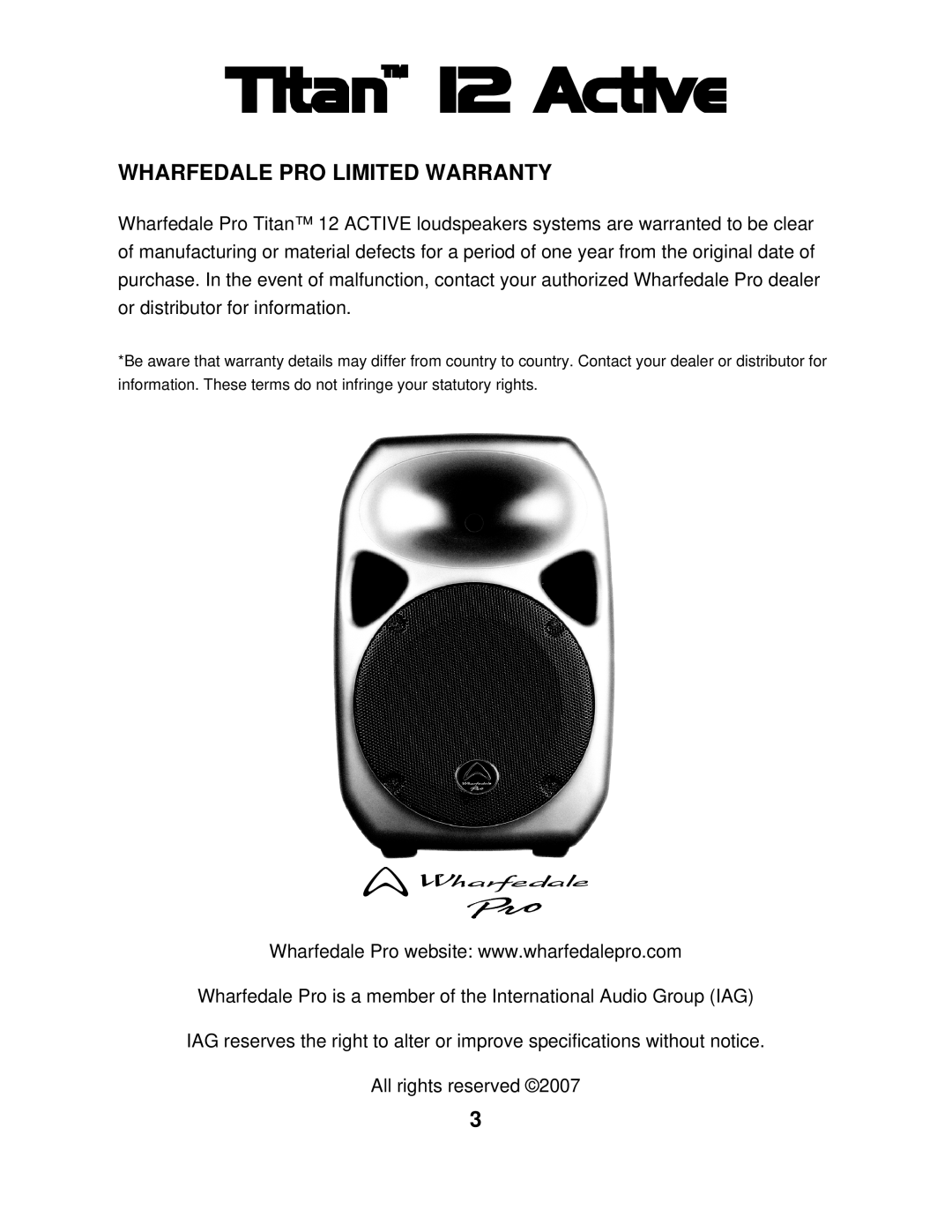 Wharfedale 12 ACTIVE manual Wharfedale PRO Limited Warranty 