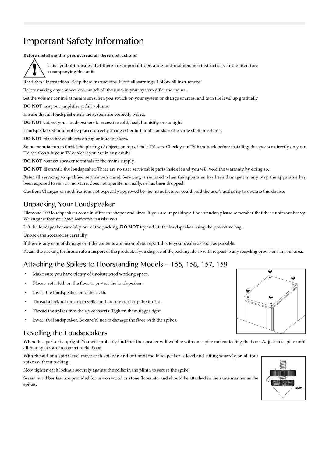 Wharfedale 121, 159, 156, 155, 102C, 101C Important Safety Information, Unpacking Your Loudspeaker, Levelling the Loudspeakers 