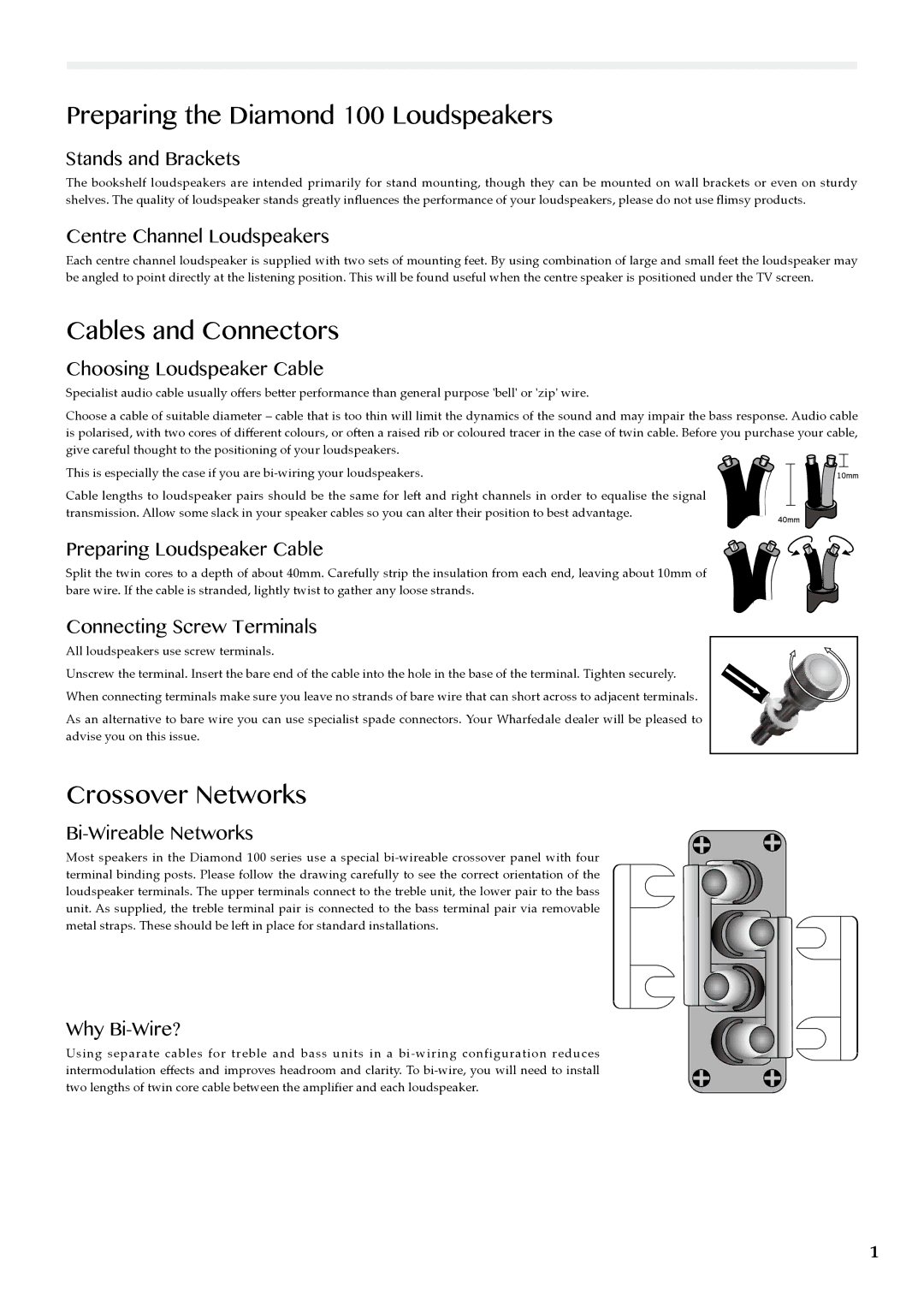 Wharfedale 155, 159, 156, 121, 102C, 101C Preparing the Diamond 100 Loudspeakers, Cables and Connectors, Crossover Networks 