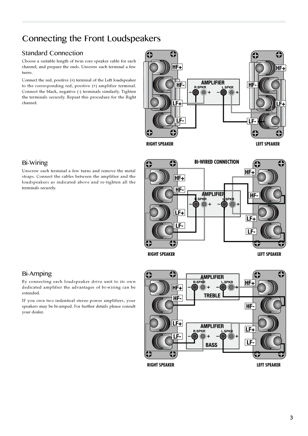 Wharfedale 101C, 159, 156, 121, 155, 102C, 122, 157 manual Connecting the Front Loudspeakers, Standard Connection, Bi-Amping 