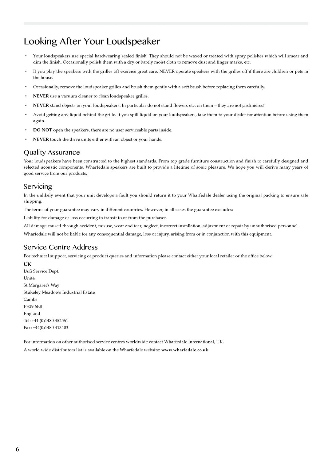 Wharfedale 159, 156, 121, 155, 102C, 101C Looking After Your Loudspeaker, Quality Assurance, Servicing, Service Centre Address 