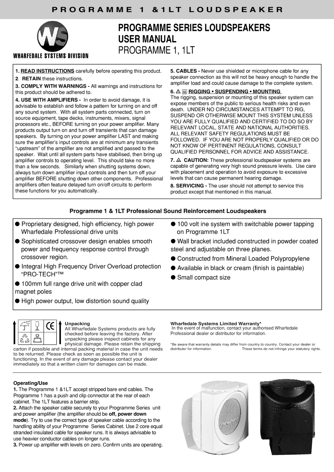 Wharfedale 1LT user manual Cables, Rigging Suspending Mounting 