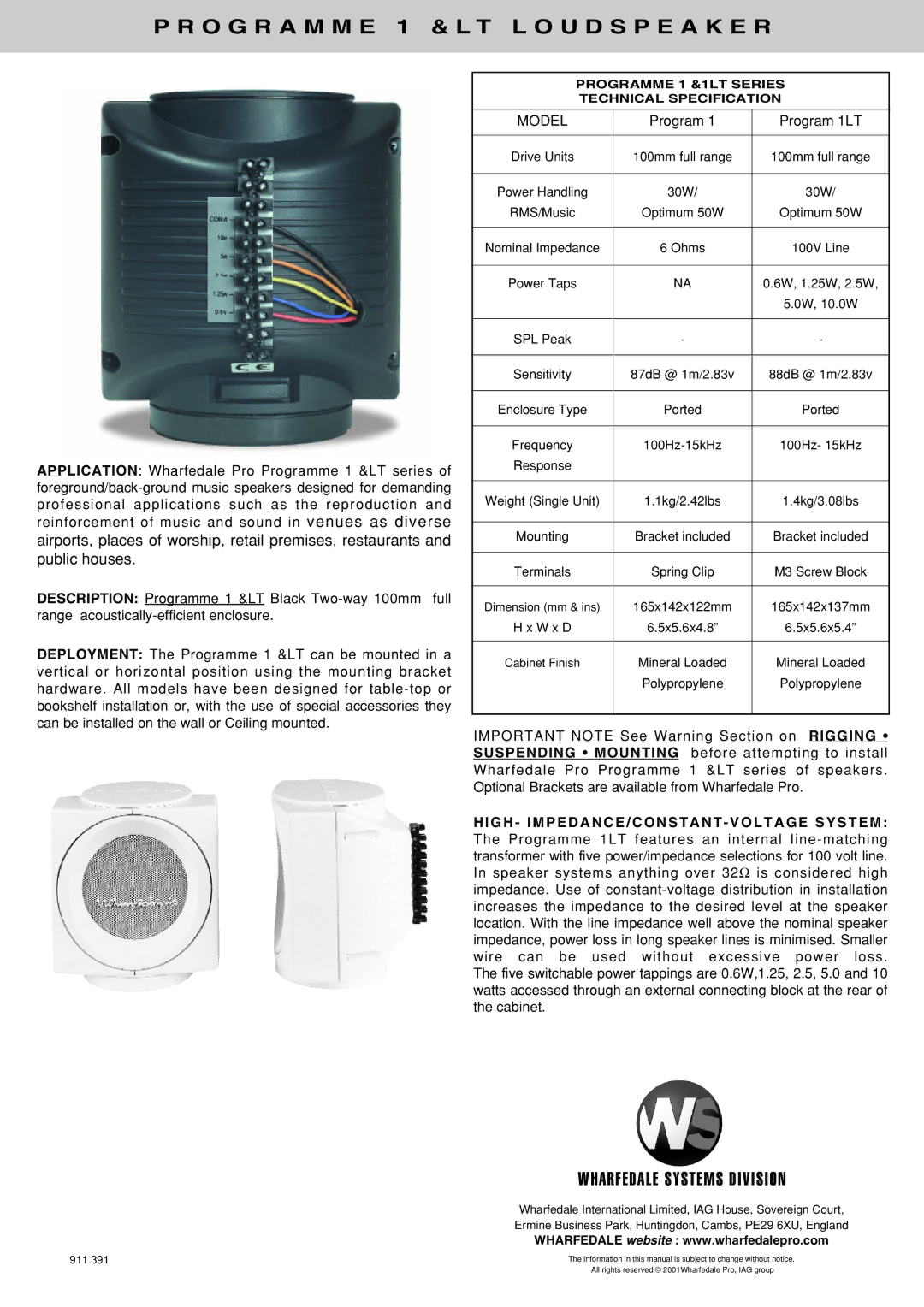 Wharfedale 1LT user manual O G R a M M E 1 & L T L O U D S P E a K E R, Model 