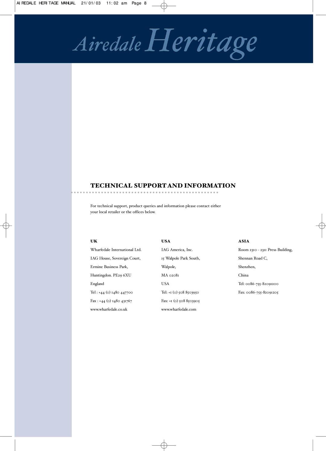Wharfedale 877, 539 manual Technical Supportand Information, USA Asia 