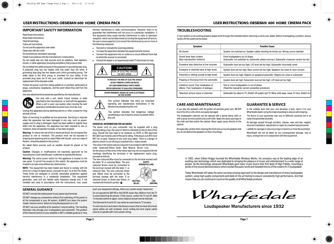 Wharfedale manual Obsidian 600 Home Cinema Pack2.Page 2011-4-12 171152 