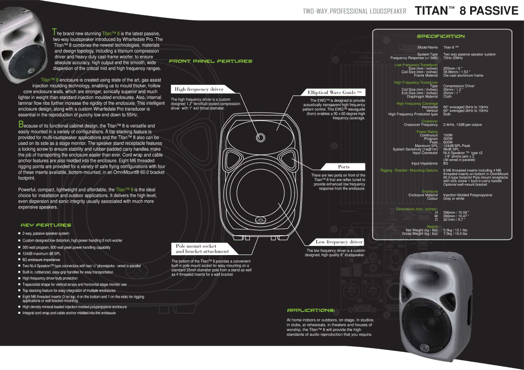 Wharfedale 8 Passive manual High frequency driver, Pole mount socket Bracket attachment, Elliptical Wave Guide, Ports 