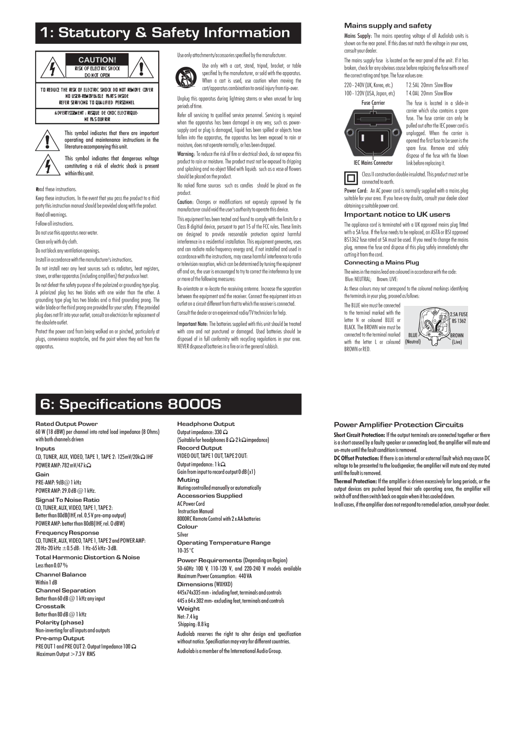 Wharfedale 8000S manual Mains supply and safety, Important notice to UK users, Power Amplifier Protection Circuits 