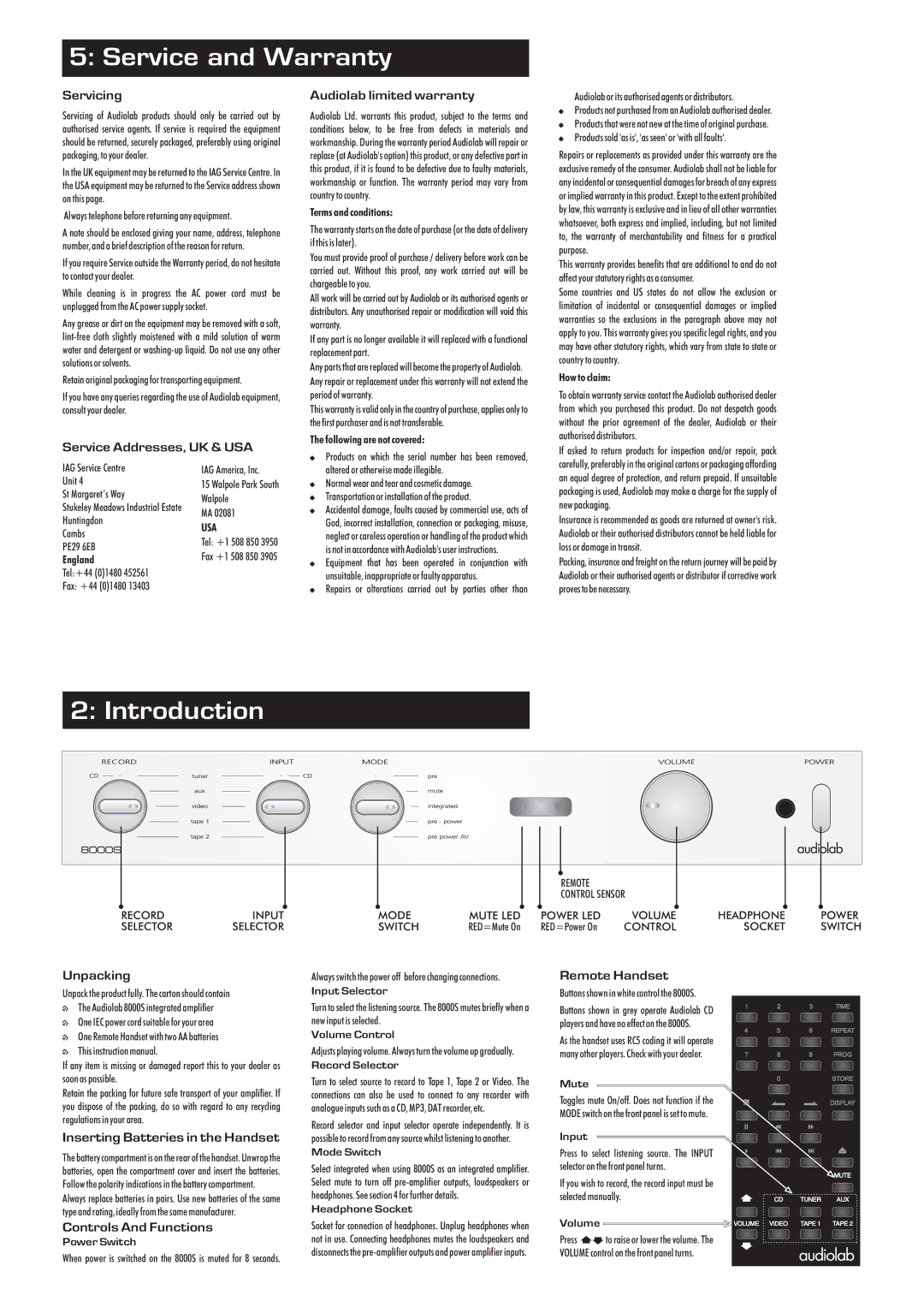 Wharfedale 8000S manual Servicing Audiolab limited warranty, Service Addresses, UK & USA, Unpacking, Remote Handset 