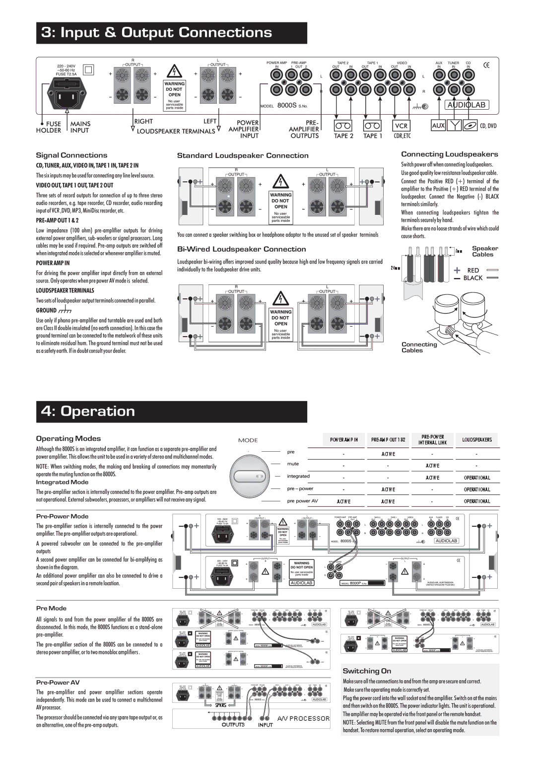 Wharfedale 8000S Signal Connections, Standard Loudspeaker Connection, Bi-Wired Loudspeaker Connection, Operating Modes 