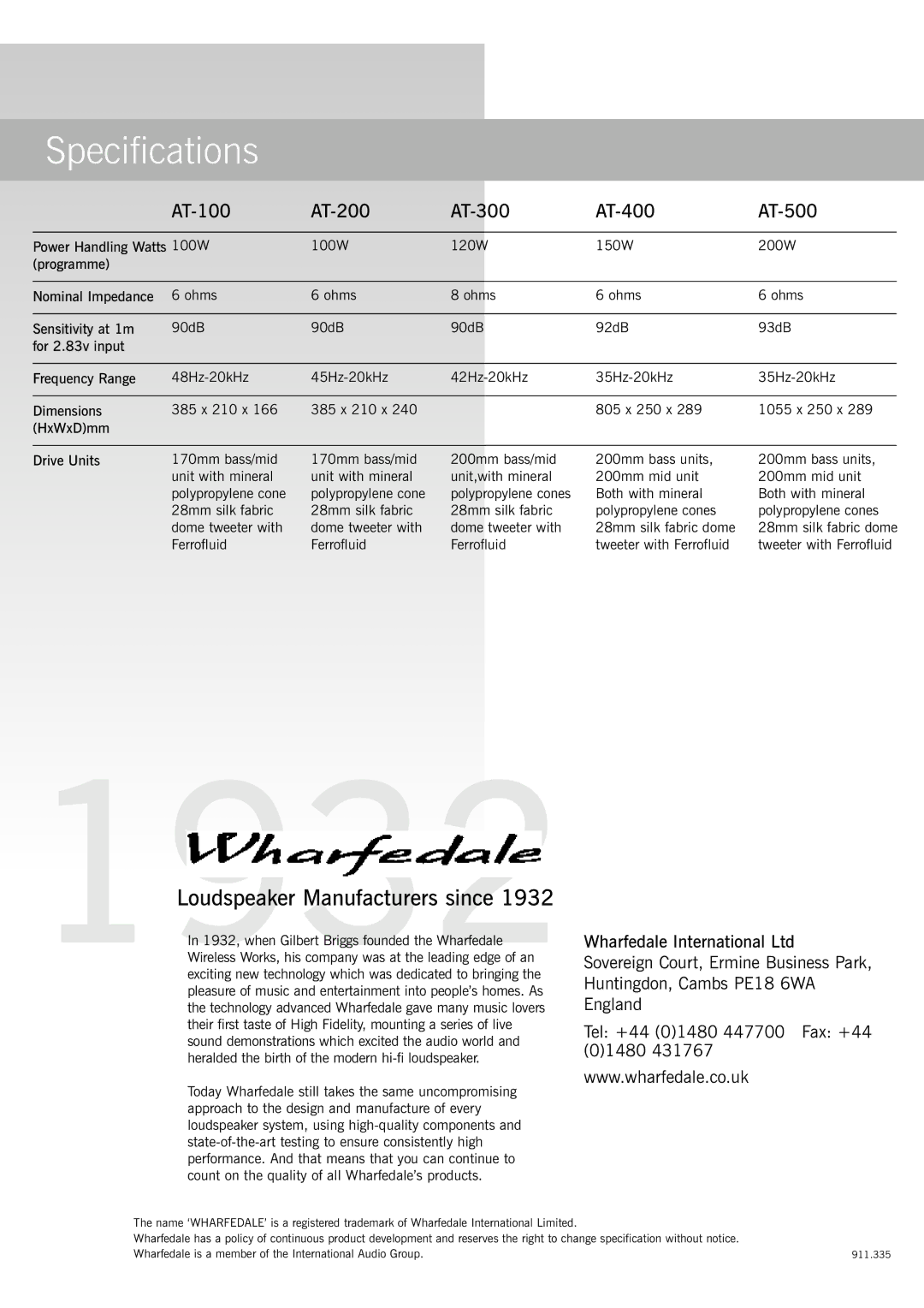 Wharfedale AT-500, AT-400, AT-200, AT-100, AT-300 instruction manual Specifications 