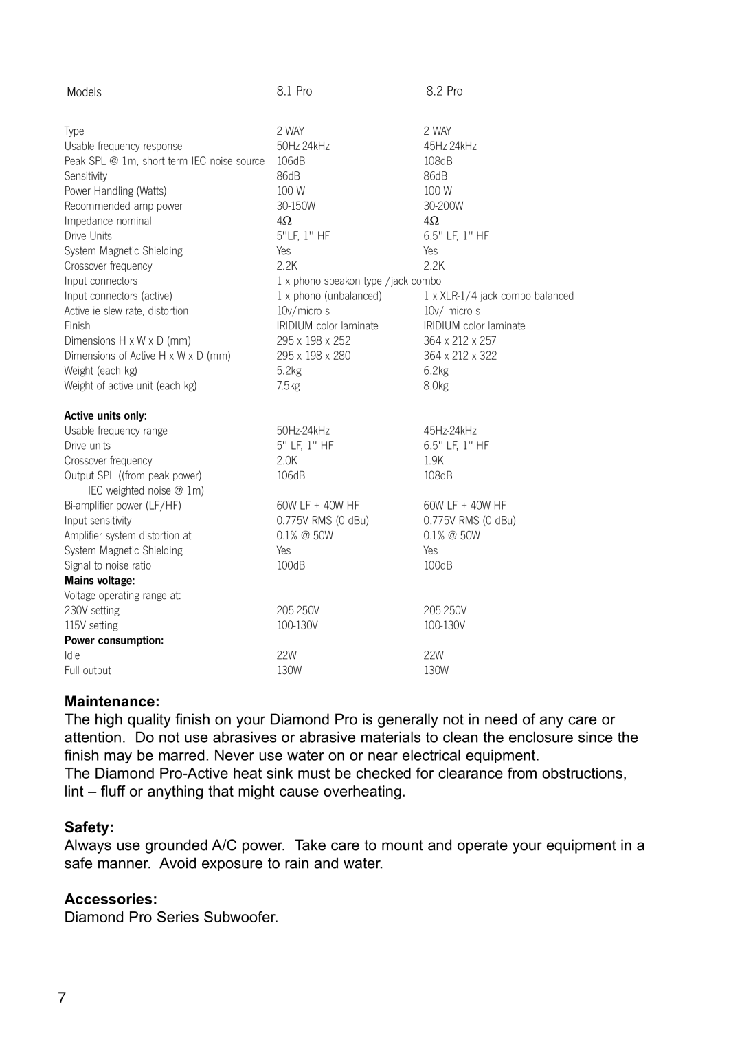Wharfedale Diamond 8.1 Pro, Diamond 8.2 Pro manual Maintenance, Safety, Accessories 