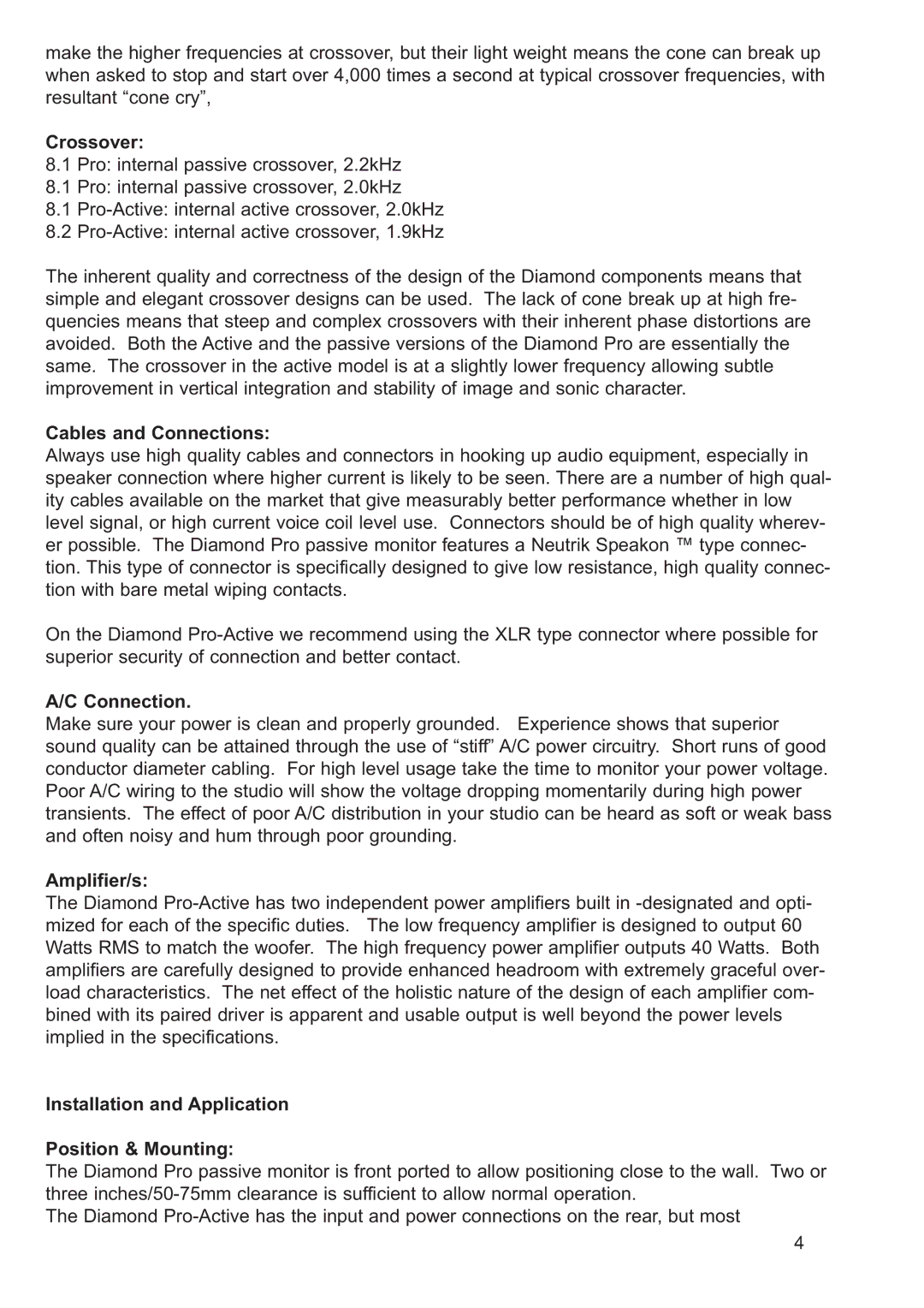 Wharfedale Diamond 8.2 Pro, Diamond 8.1 Pro manual Crossover, Cables and Connections, Amplifier/s 