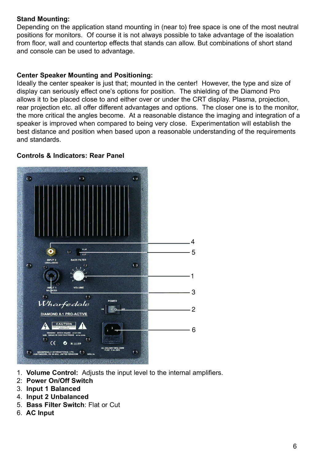 Wharfedale Diamond 8.2 Pro manual Stand Mounting, Center Speaker Mounting and Positioning, Controls & Indicators Rear Panel 