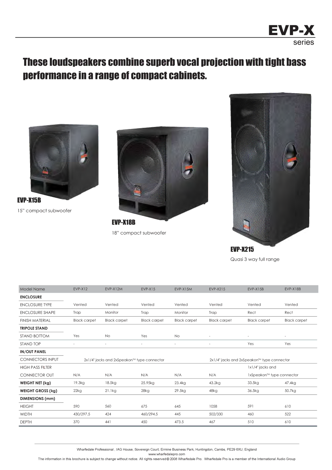 Wharfedale EVP-X specifications Compact subwoofer, Quasi 3 way full range, Enclosure, Tripole Stand, IN/OUT Panel 