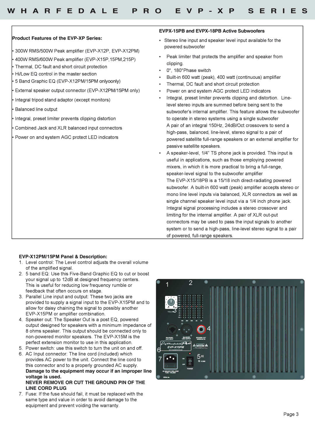 Wharfedale EVP-X15PM, EVP-X18PB, EVP-X15PB Product Features of the EVP-XP Series, EVPX-15PB and EVPX-18PB Active Subwoofers 