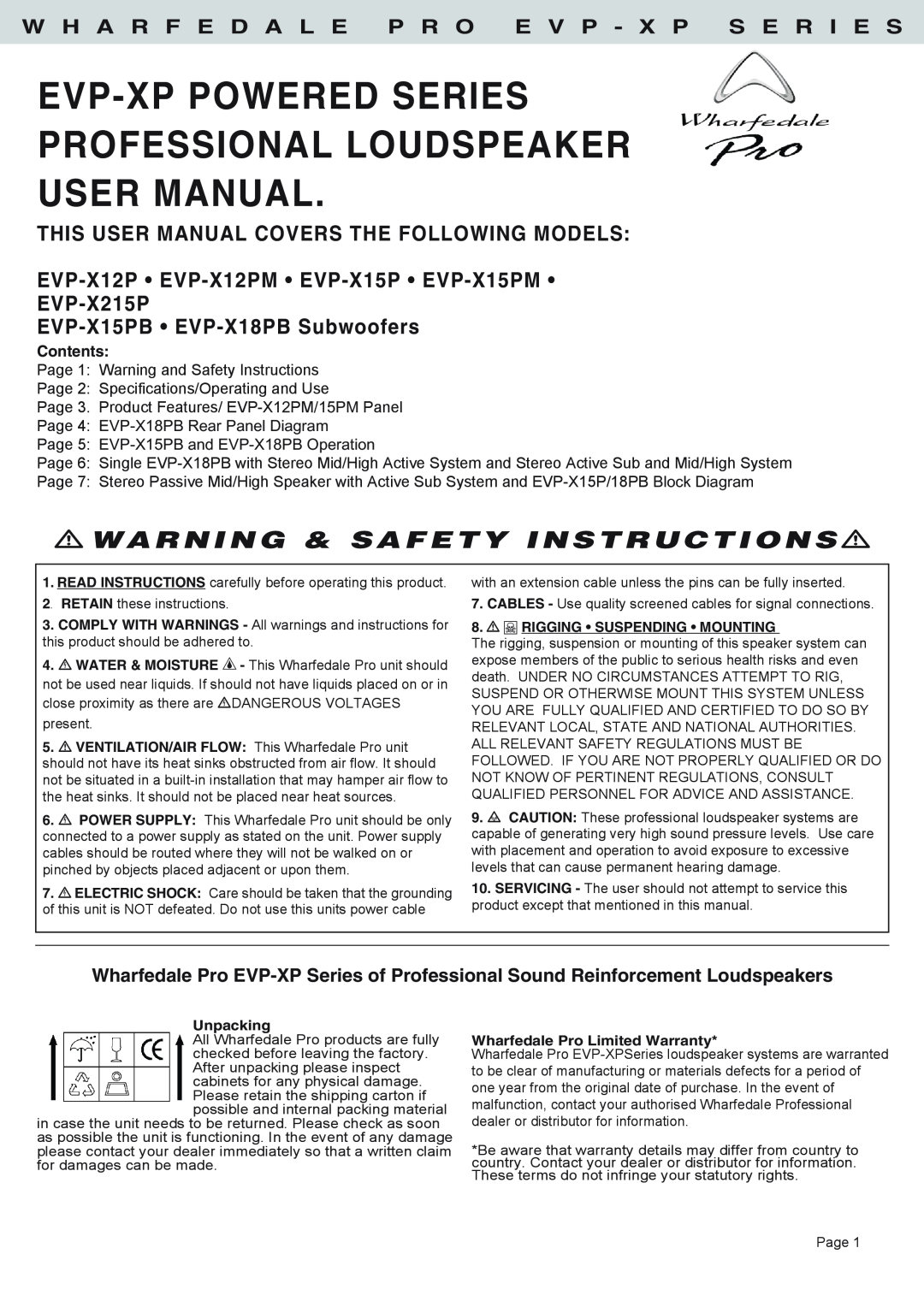Wharfedale EVP-X15PB user manual W H A R F E D A L E P R O E V P - X P S E R I E S, Warning & Safety Instructions 