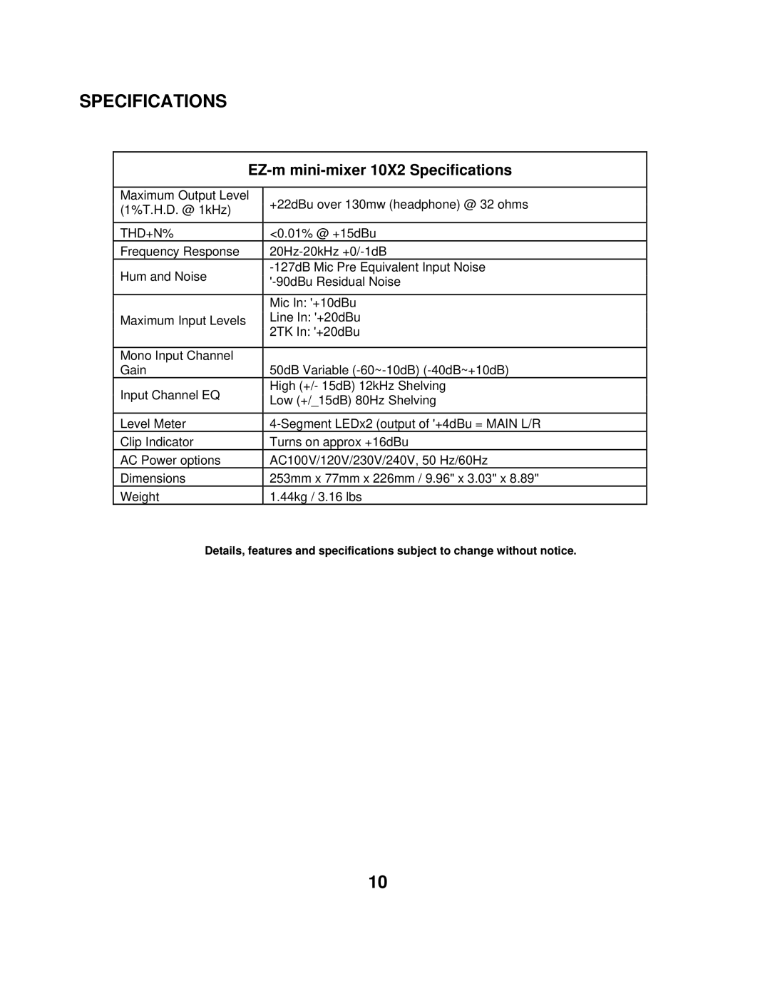 Wharfedale EZ-M 10X2 owner manual EZ-m mini-mixer 10X2 Specifications 