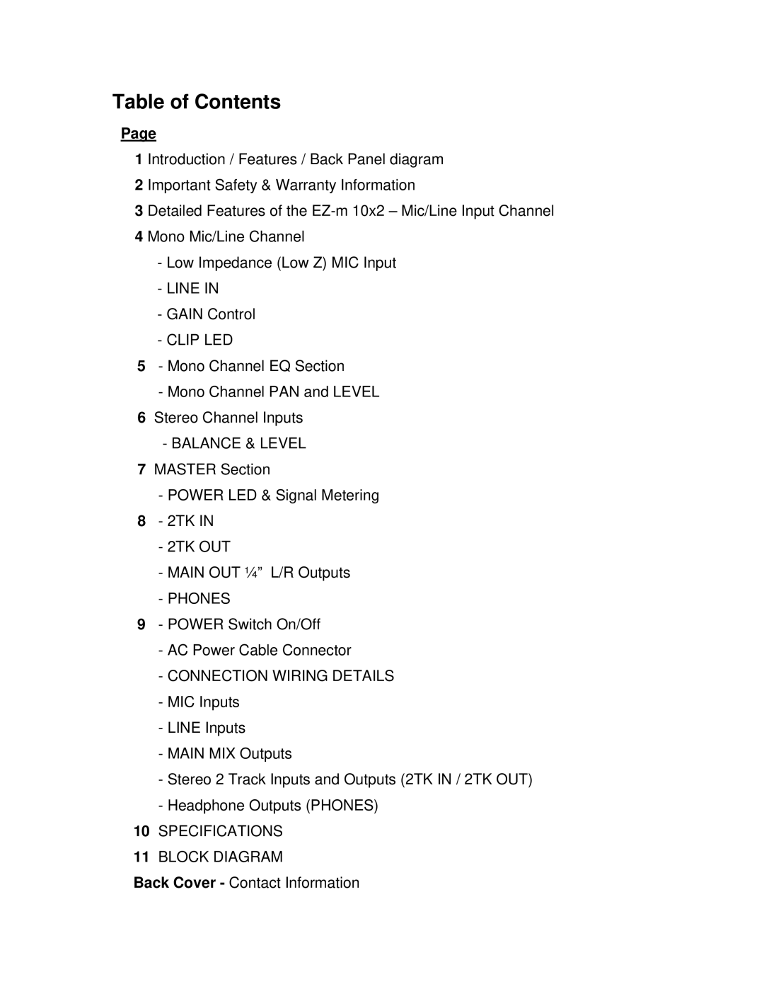 Wharfedale EZ-M 10X2 owner manual Table of Contents 