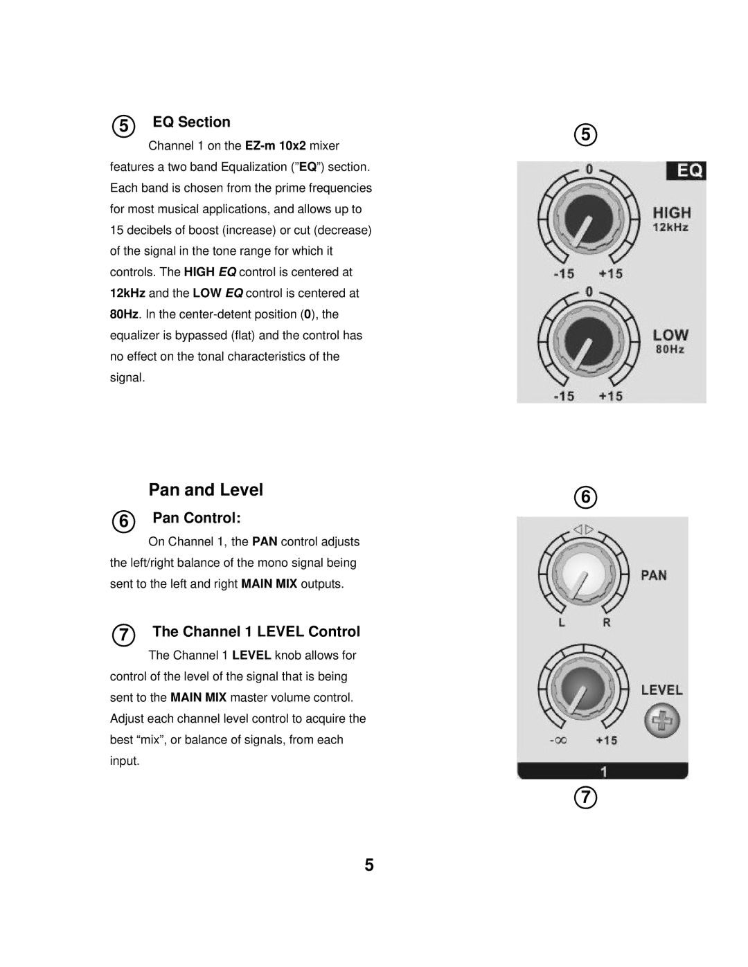 Wharfedale EZ-M 10X2 owner manual Pan and Level, EQ Section, Pan Control, Channel 1 Level Control 