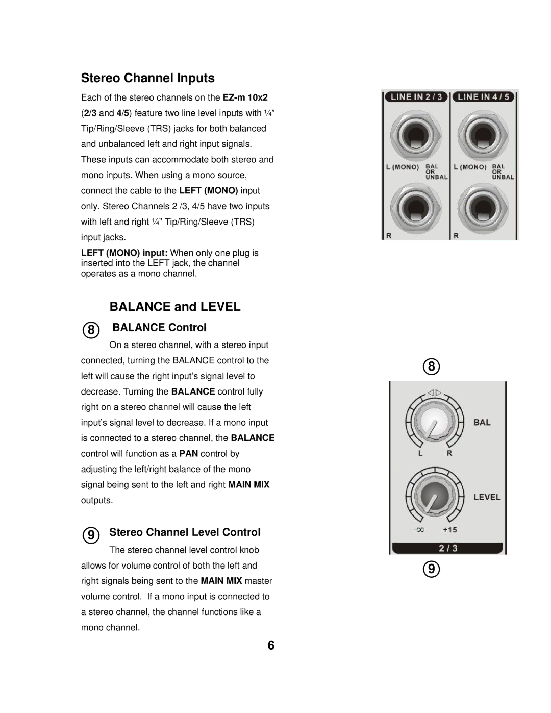 Wharfedale EZ-M 10X2 owner manual Stereo Channel Inputs, Balance and Level, Balance Control, Stereo Channel Level Control 