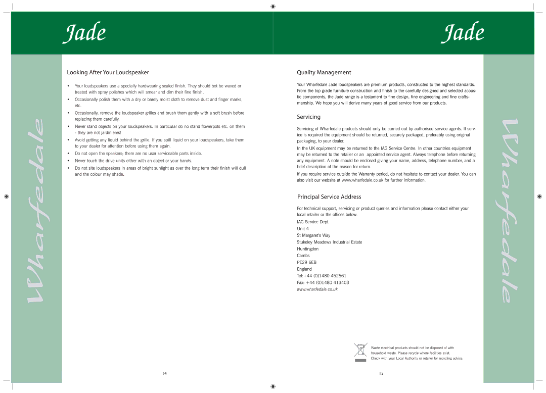 Wharfedale JADE-7, JADE-SR, JADE-C1, JADE-C2, JADE-5, JADE-3, JADE-1 manual 