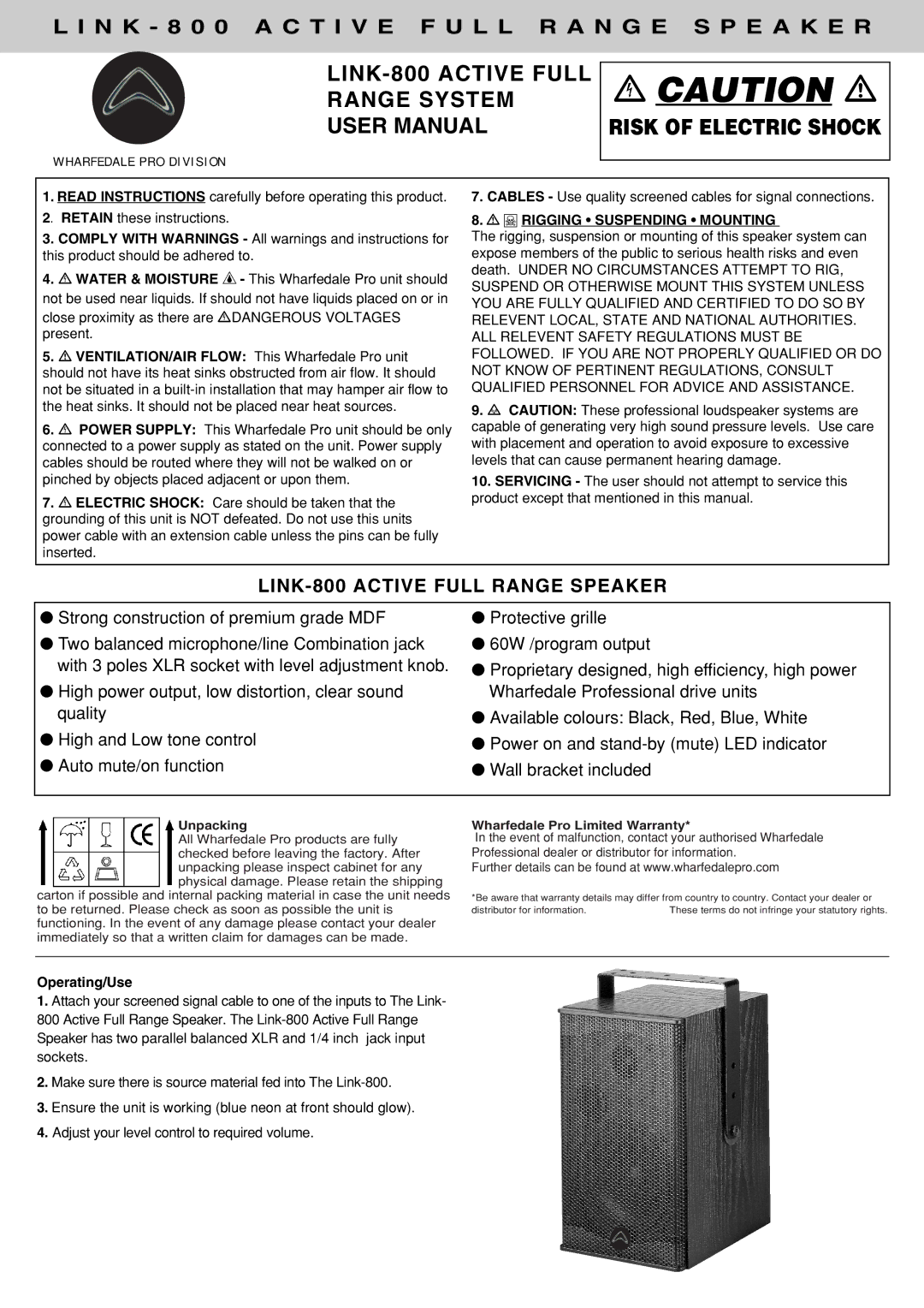 Wharfedale Link-800 user manual Rigging Suspending Mounting, Water & Moisture 